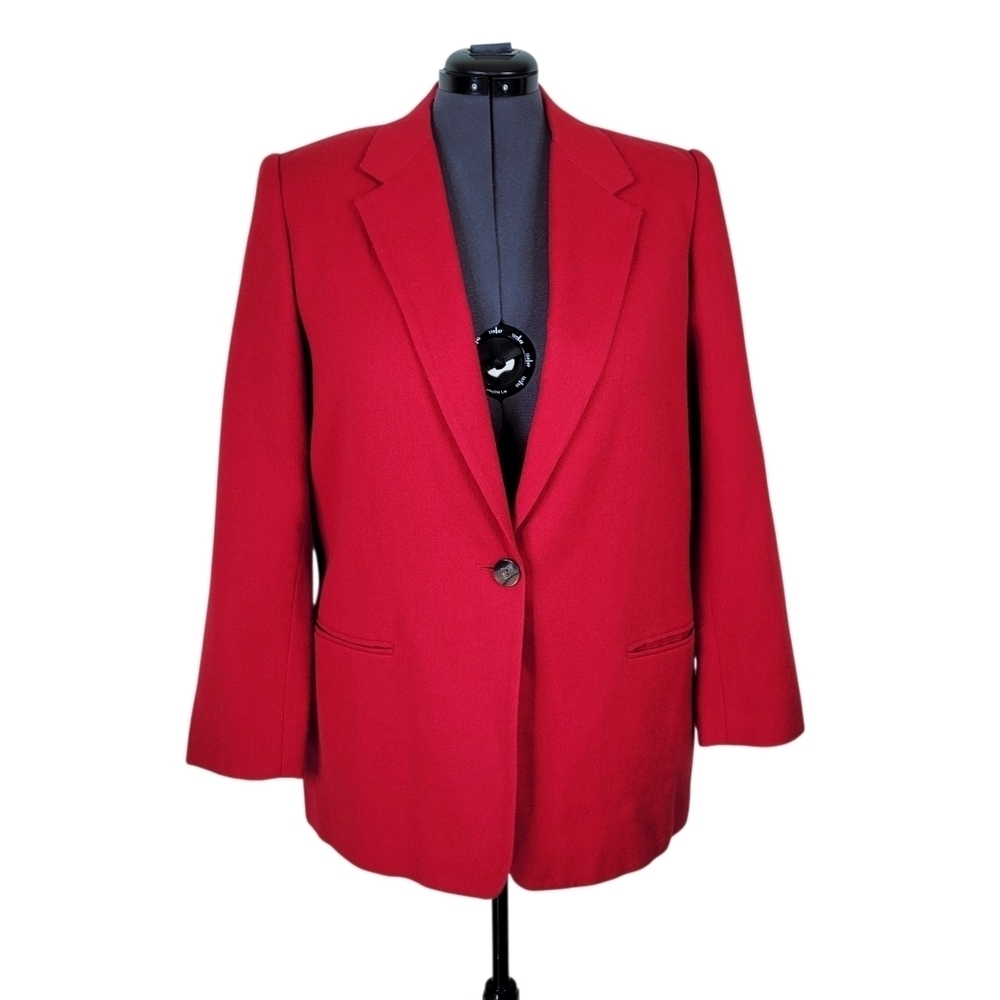Sag Harbor Blazer Women Size 16 Red Notch Collar Pockets 100% Pure New Wool Long